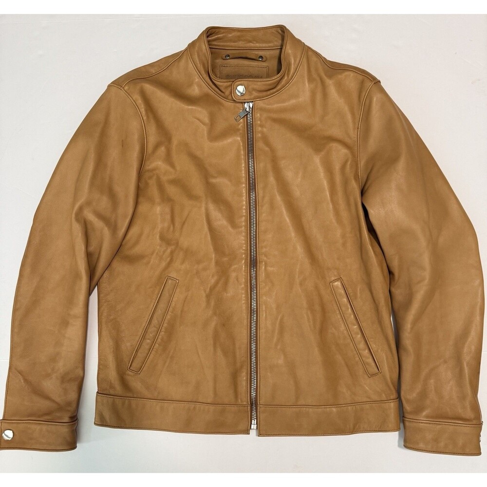 Thursday Men's Large 100% Lambs Leather Cognac Racer Biker Jacket Full Zip
